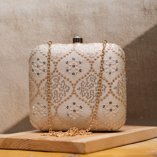 Off White Multipattern Sequins Embroidery Clutch
