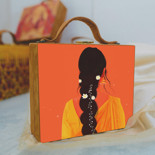 Orange Saree Girl Printed Suitcase Style Clutch