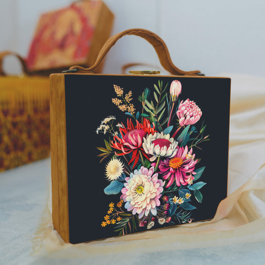 Black Floral Printed Suitcase Style Clutch