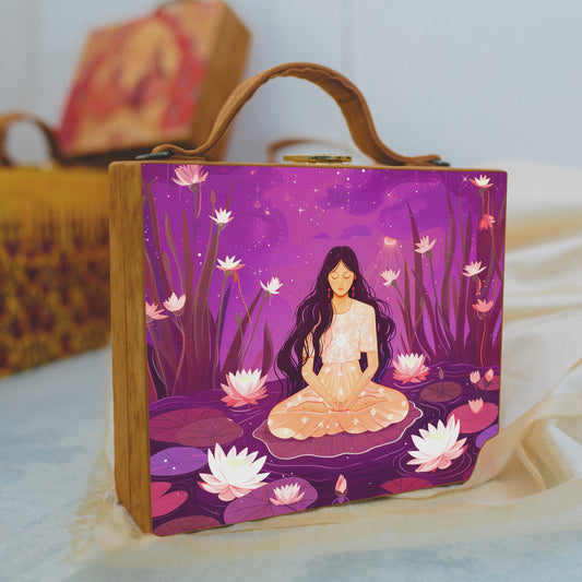 Girl With Lotus Printed Suitcase Style Clutch