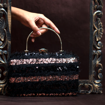 Black Stripes Sequin Fabric Clutch