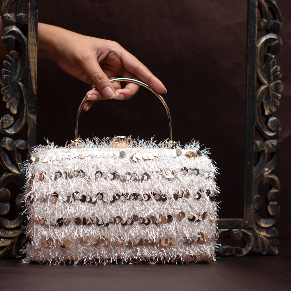 White Sequins Fabric Party Clutch