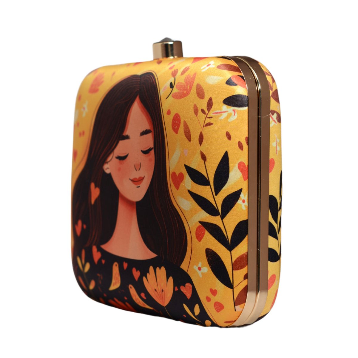 Yellow Girl And Birds Printed Clutch
