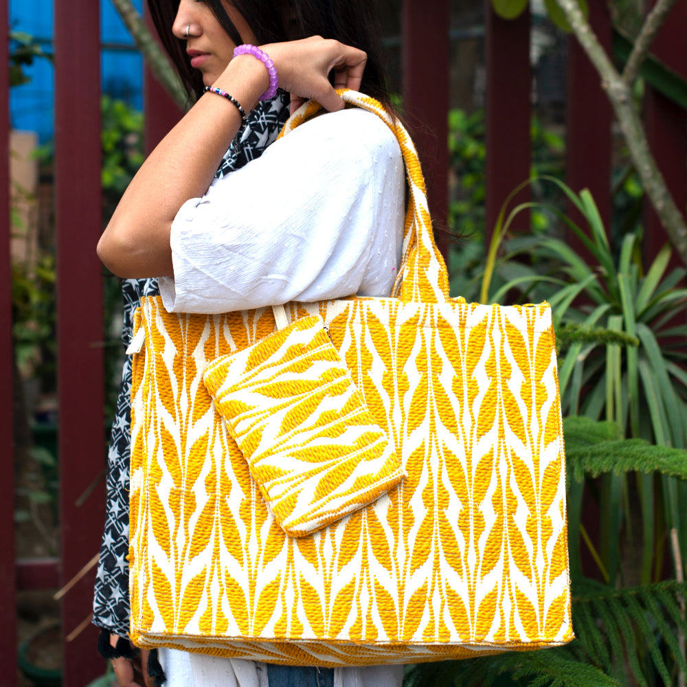 Yellow And White Jacquard Box Style Tote bag