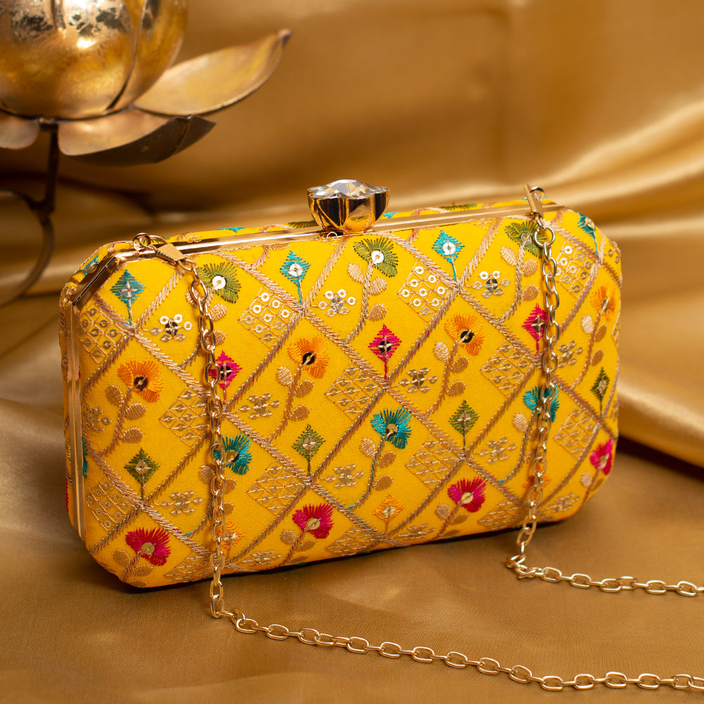 Yellow Sequins Floral Embroidery Party Clutch