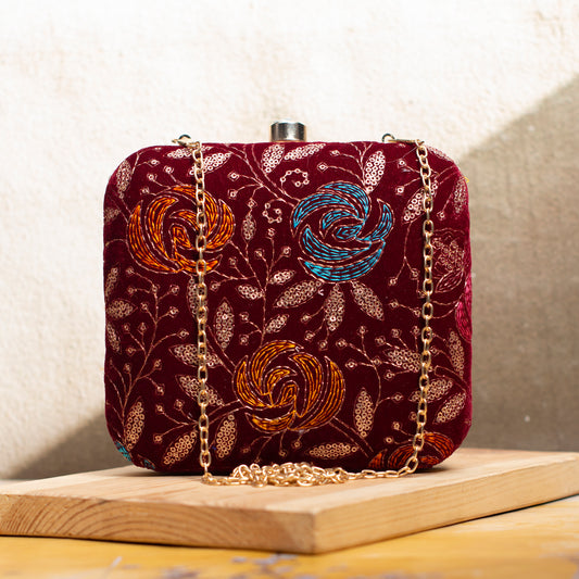 Maroon Floral Embroidery Party Clutch