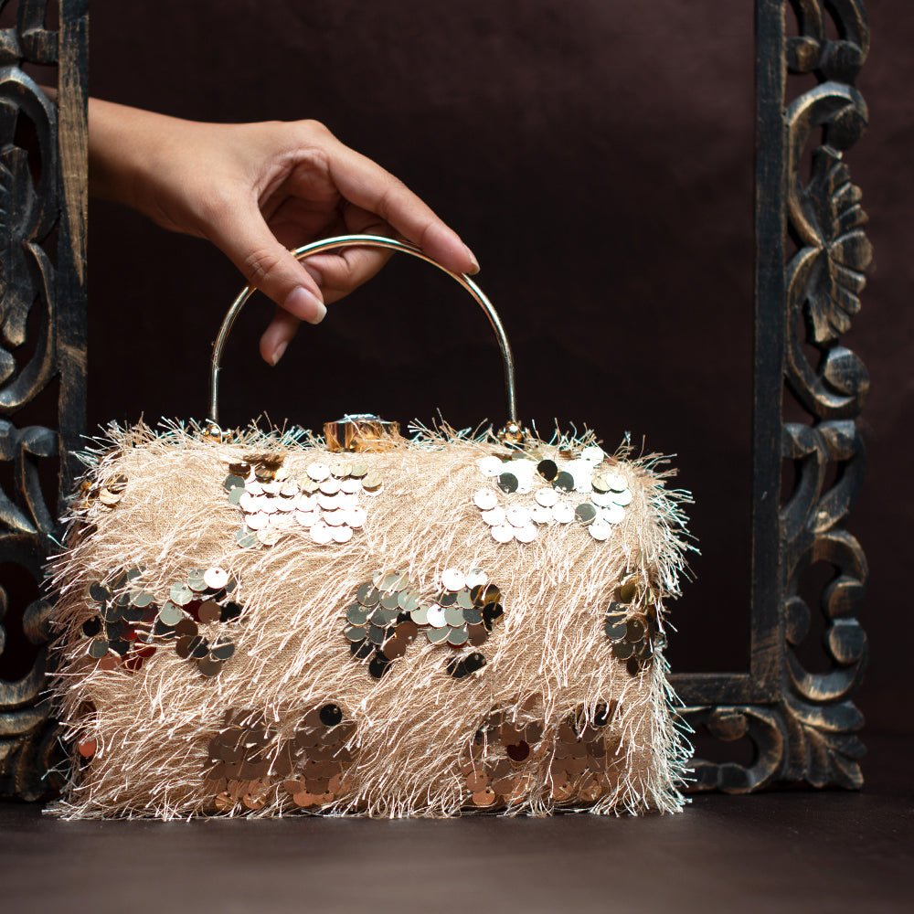 Beige Sequins Fabric Party Clutch