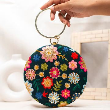 Green Floral Embroidery Round Clutch