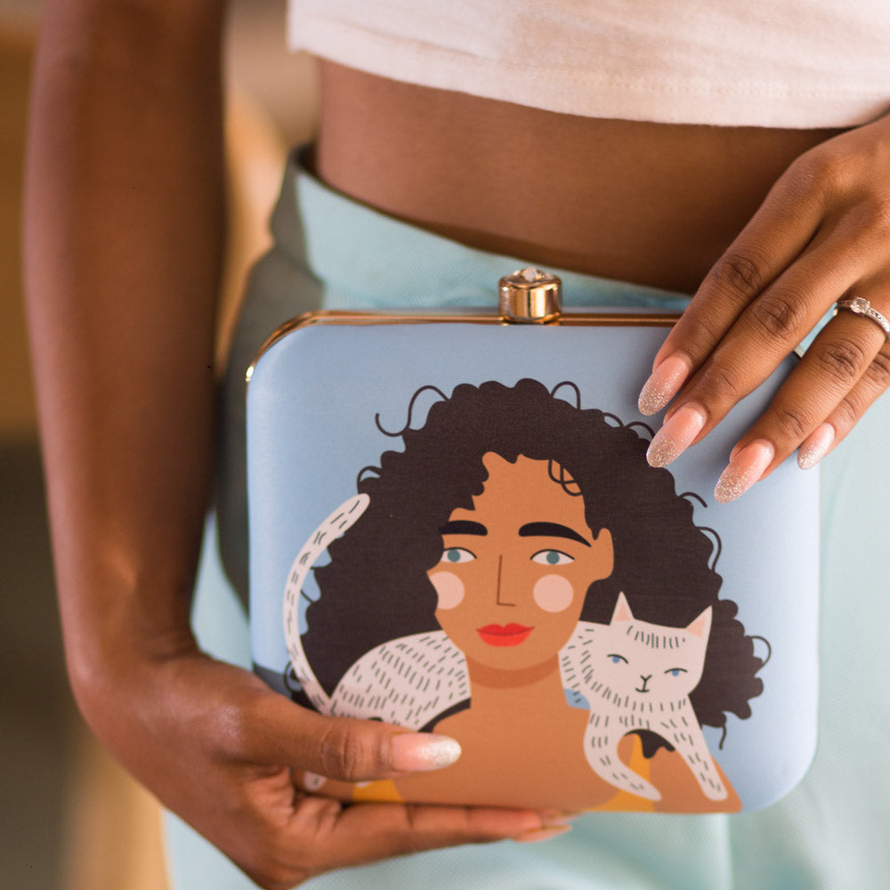 Curly Hair Girl Cat Lover Clutch