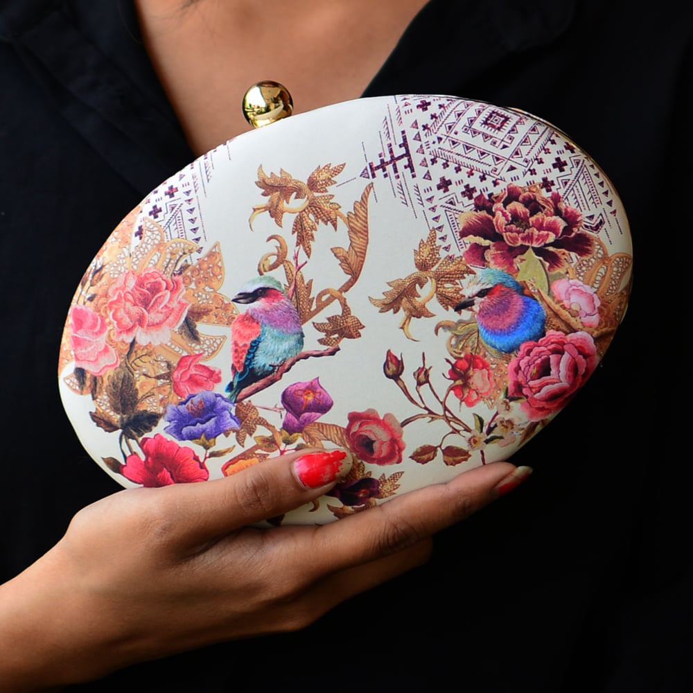 Artklim Oval Floral Birds Print Clutch