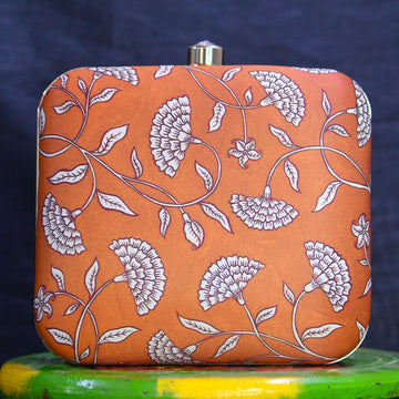 Artklim Orange and White Floral Printed Clutch