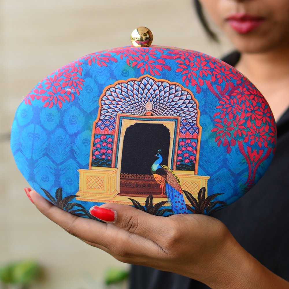 Artklim Peacock Printed Oval Clutch