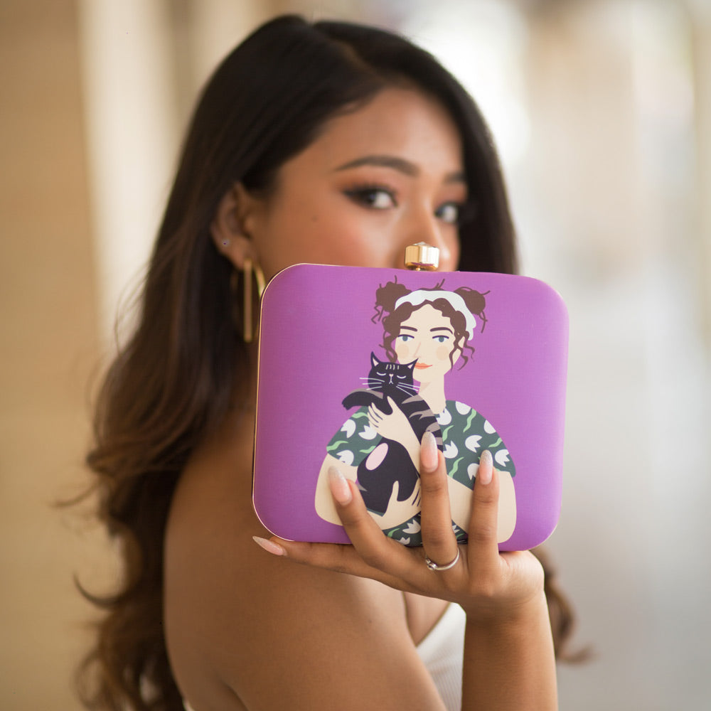 Glam Girl and Cat Printed Clutch With Vibrant Purple Background