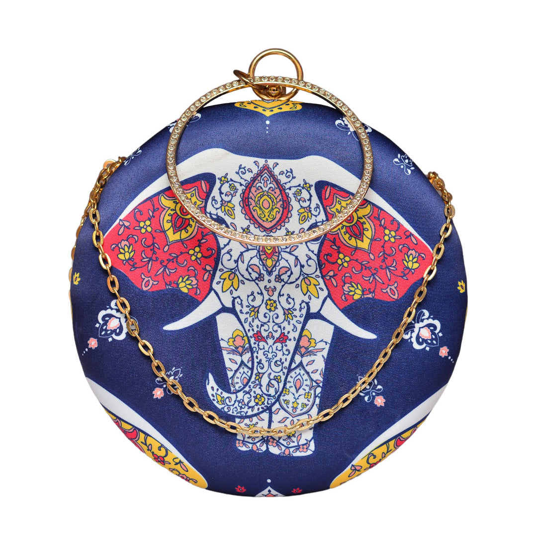 White Elephant Round Printed Clutch