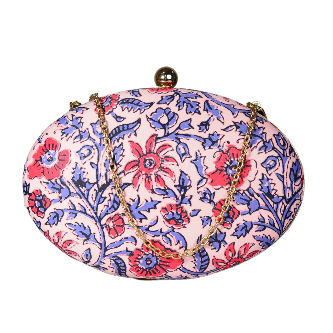 Blue And Red Flower Printed Oval Clutch