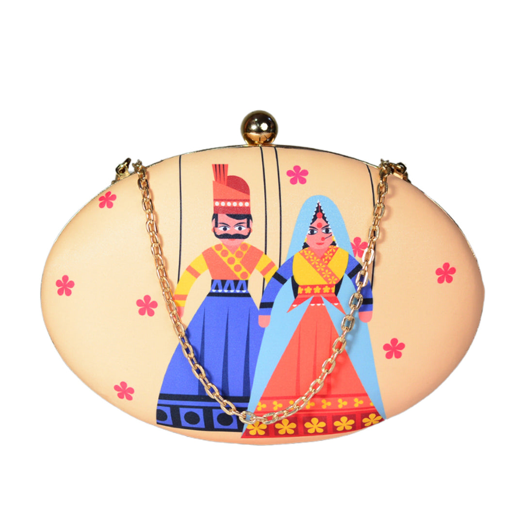 Indian Puppet Printed Oval Clutch
