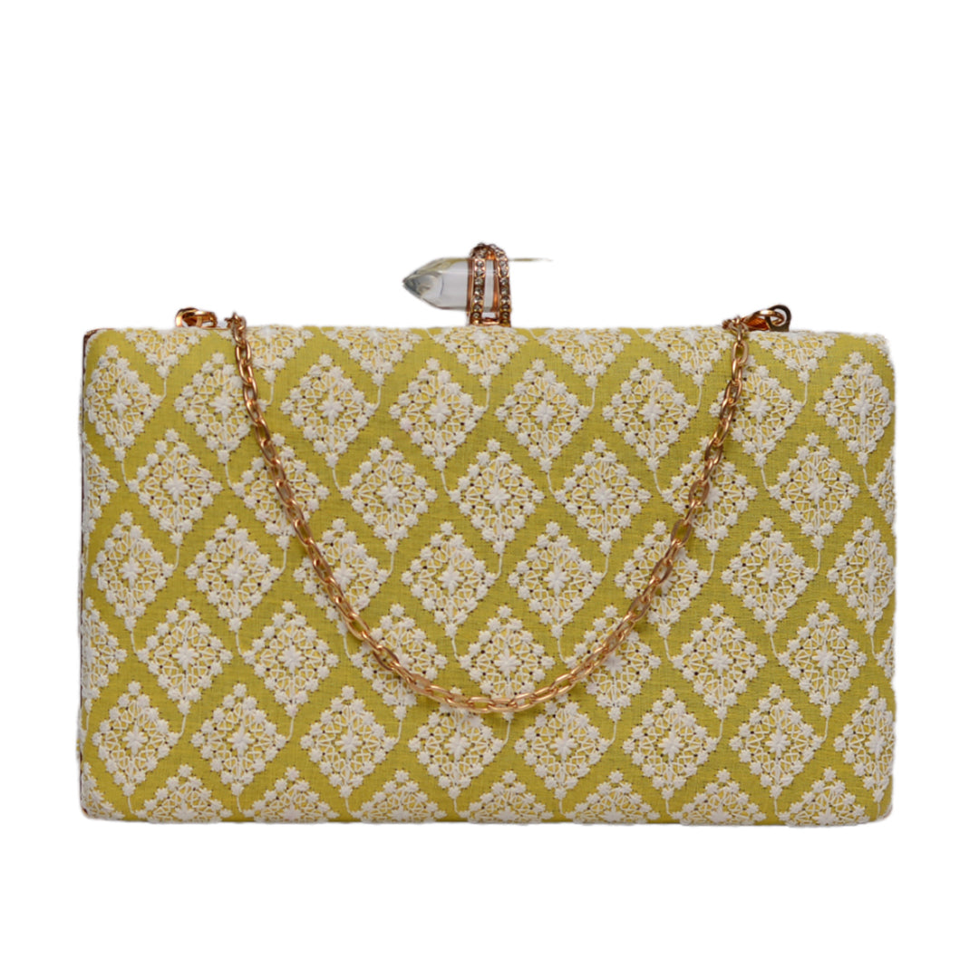 Artklim Rectangle Shaped Lime Green Color Embroidered Clutch