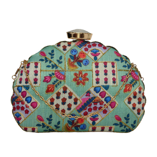 Combo of Color and Flower Embroidery Half Moon Shaped Clutch