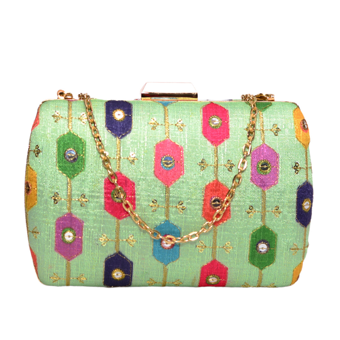 Green Clutch With Multicolor Embroidery