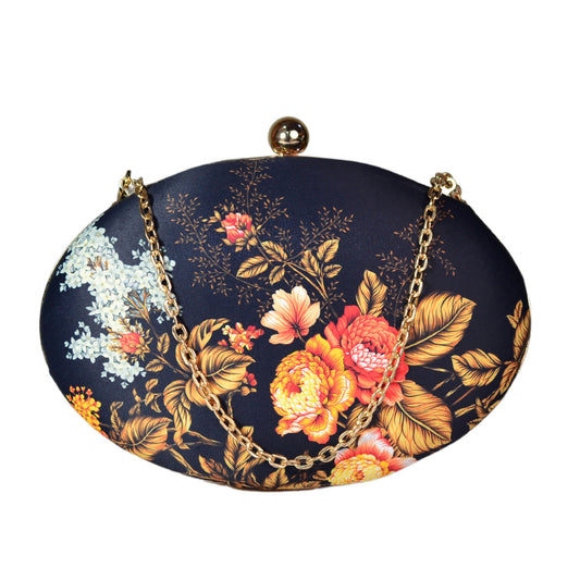 Yellow And Red Floral Printed Oval Clutch