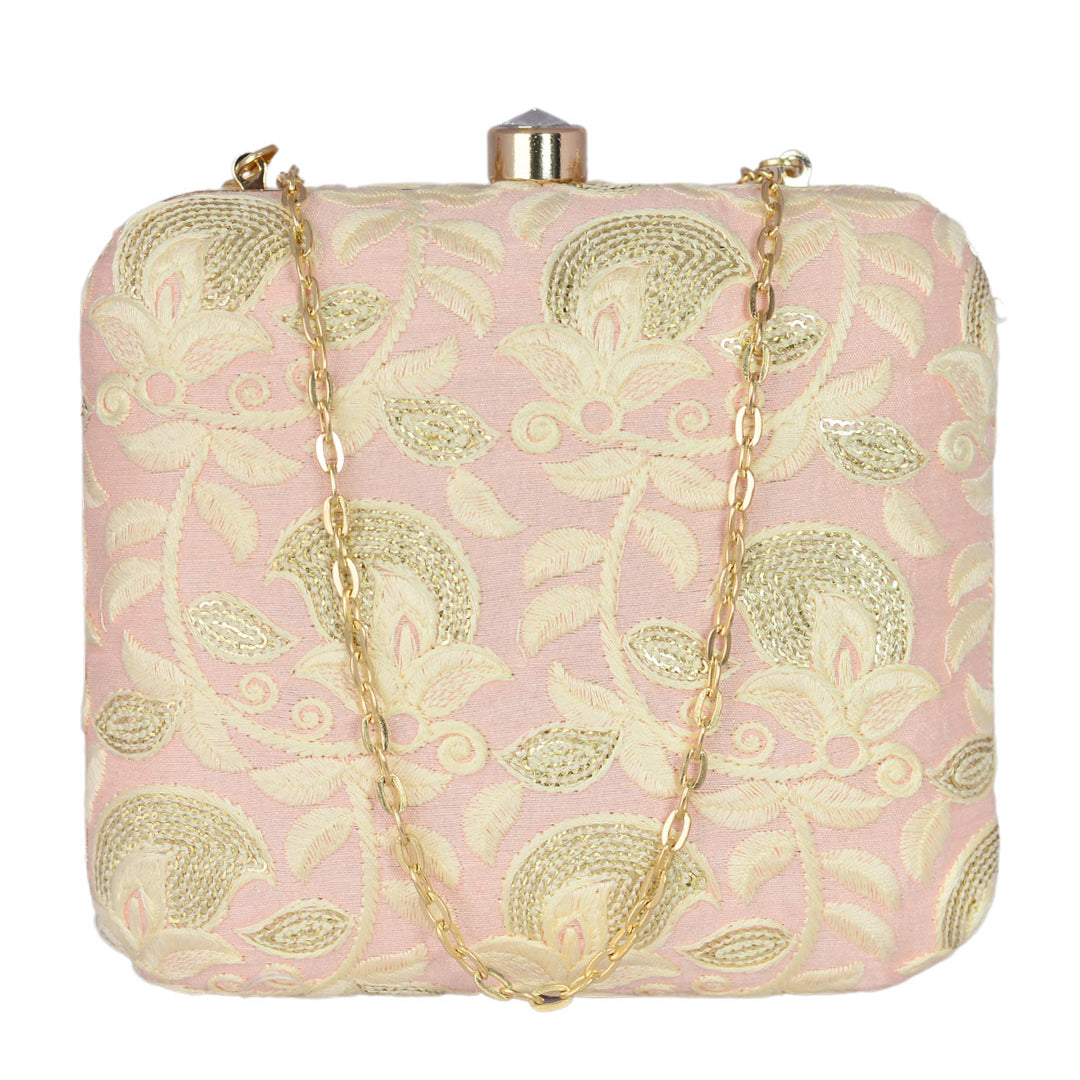 Pink Floral Embroidered Clutch