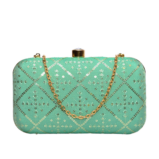 Artklim Sea Green Color Clutch With Sequin Work