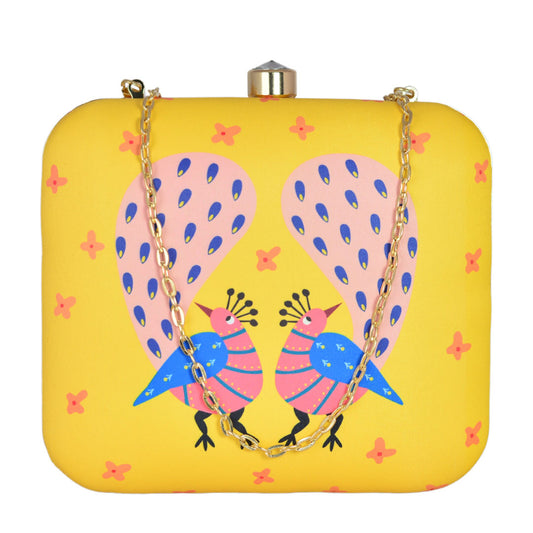 Two Birds Yellow Printed Clutch
