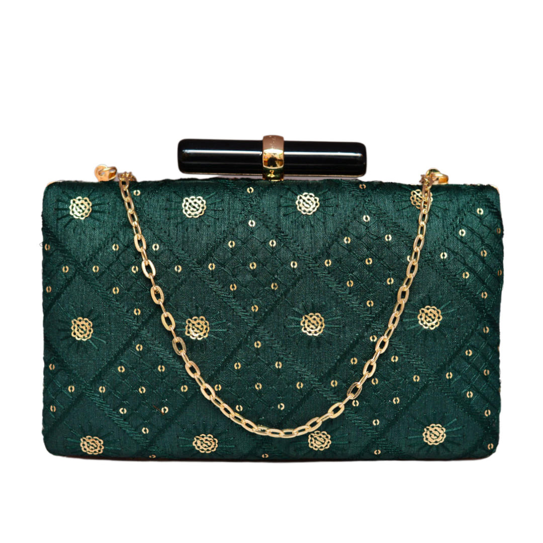 Green Sequins Embroidered Clutch