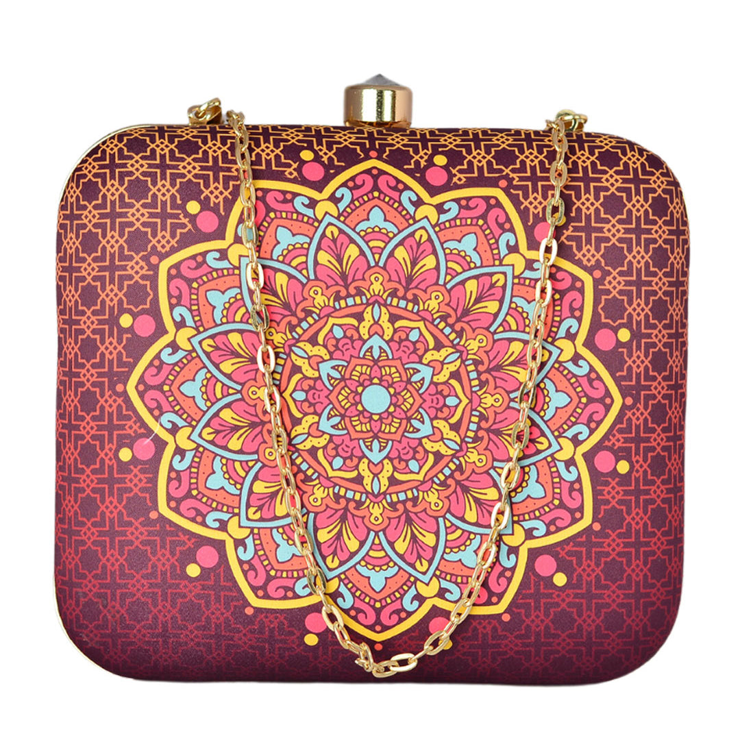 Maroon Mandala Print Clutch