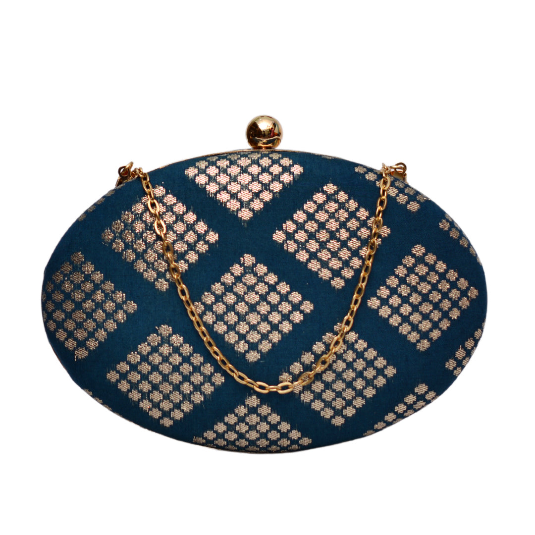 Artklim Deep Blue Oval Shaped Clutch With Golden String