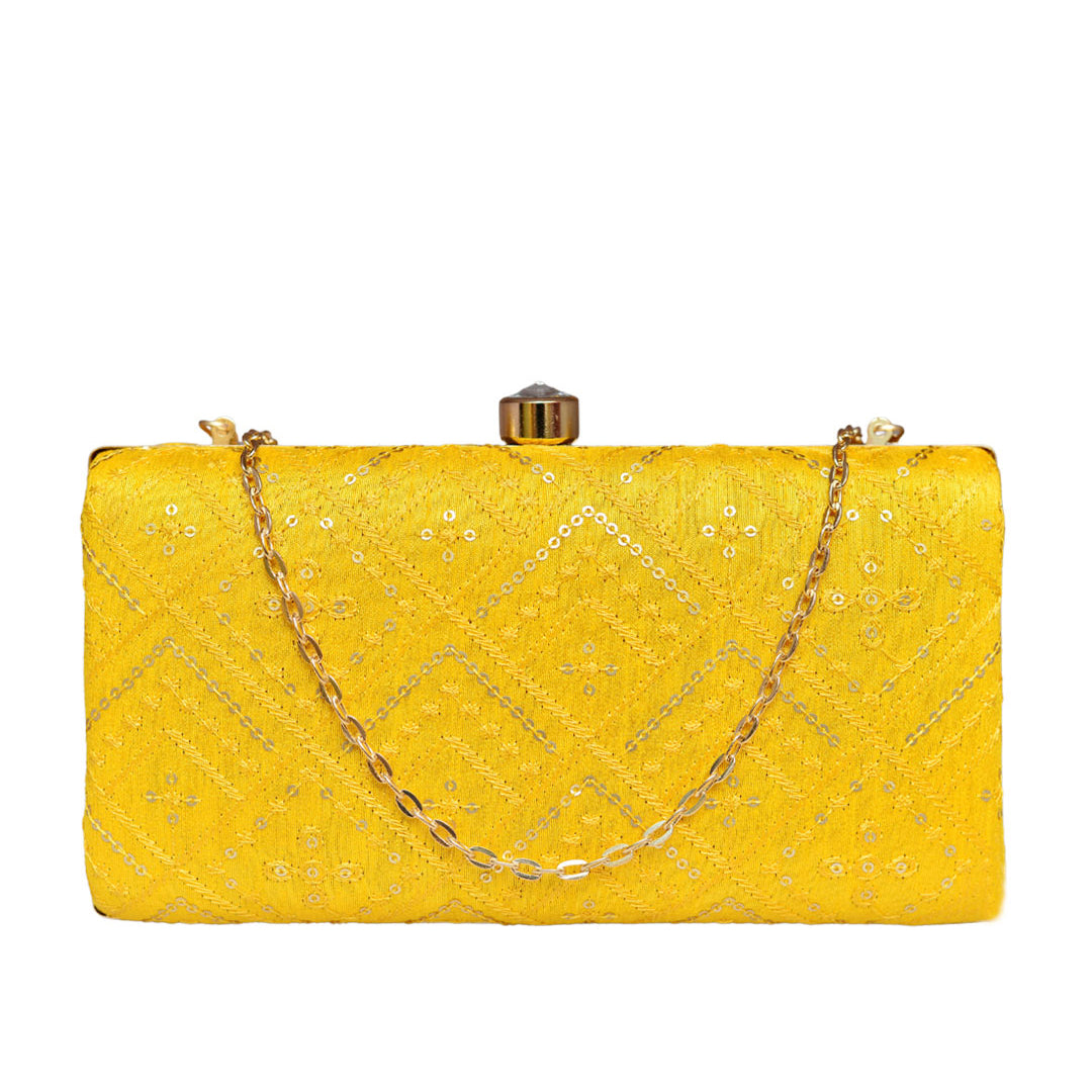 Yellow Embroidered Rectangular Clutch