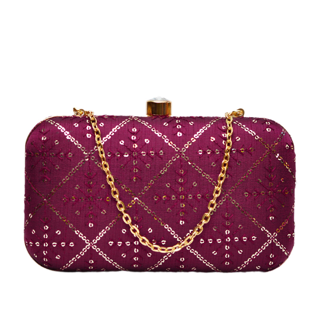 Artklim Burgundy With Golden Embroidery Clutch