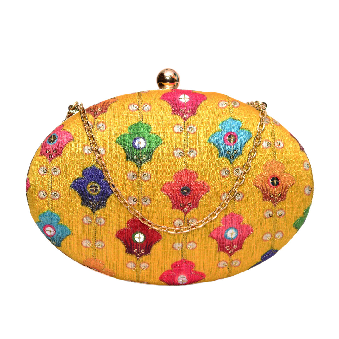 Yellow Color Clutch With Diamond Embroidery
