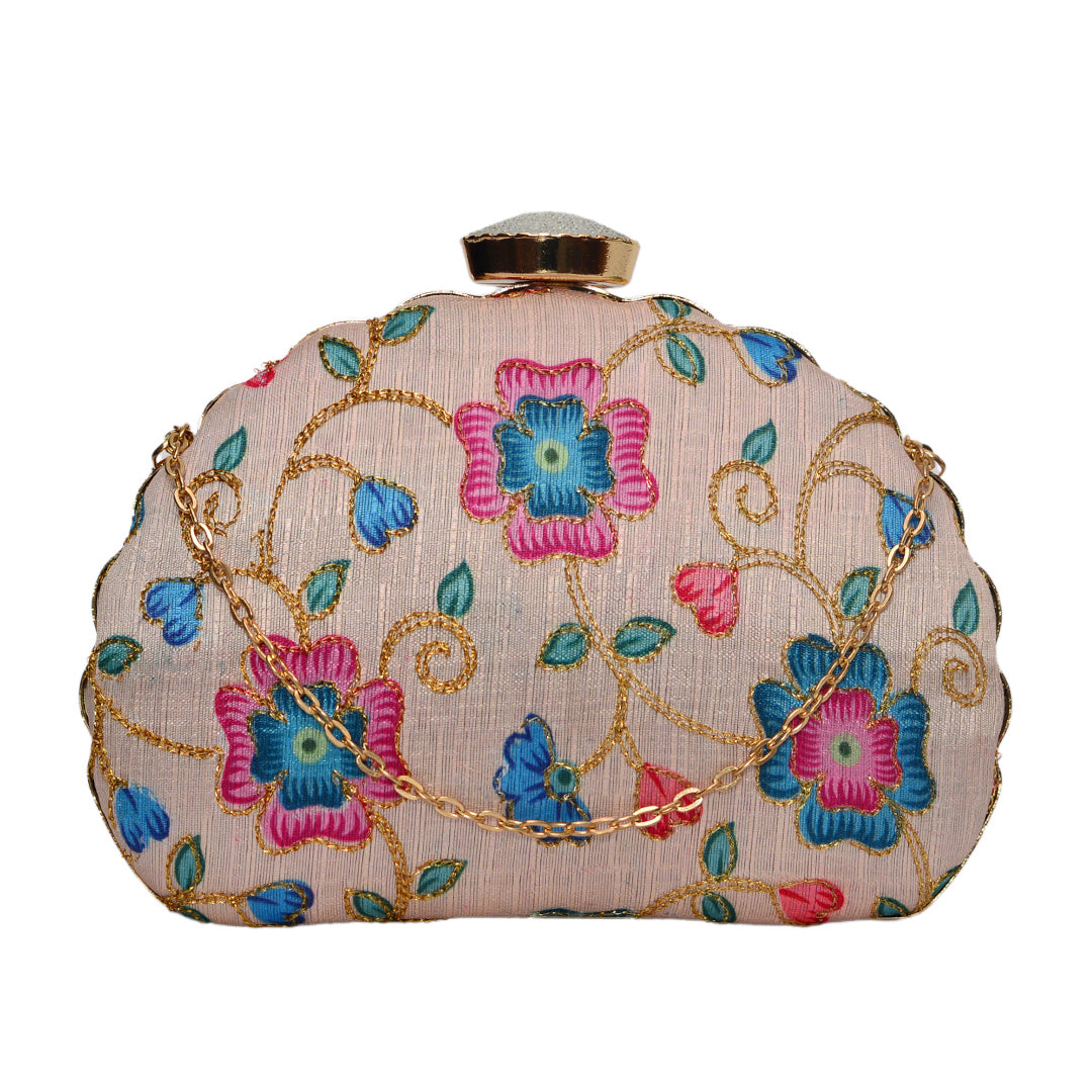 Light Pink Background With Bright Floral Handwork Clutch