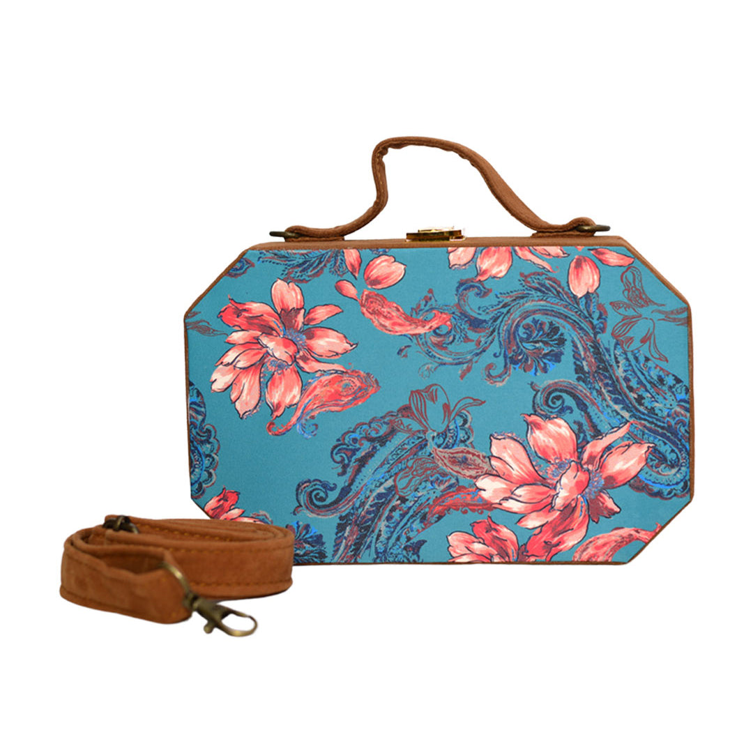 Teal Blue Clutch With Pink Flowers