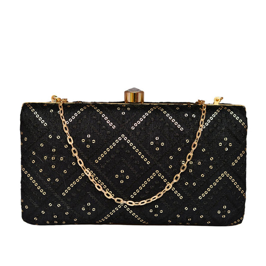 Black Embroidered Rectangular Clutch