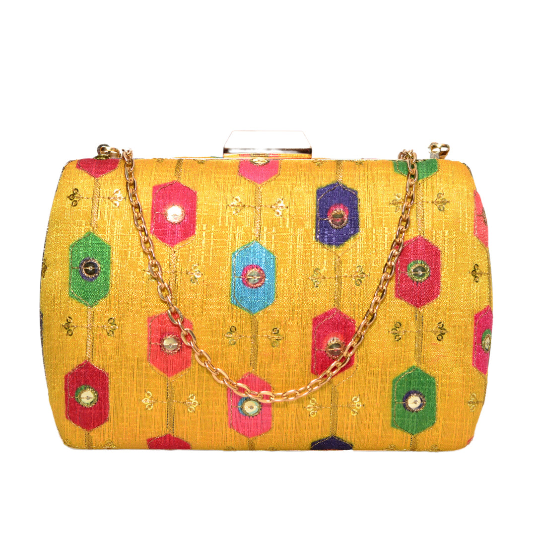 Yellow Color Clutch With Multicolor Motif