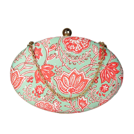 Red Floral Printed Oval Clutch