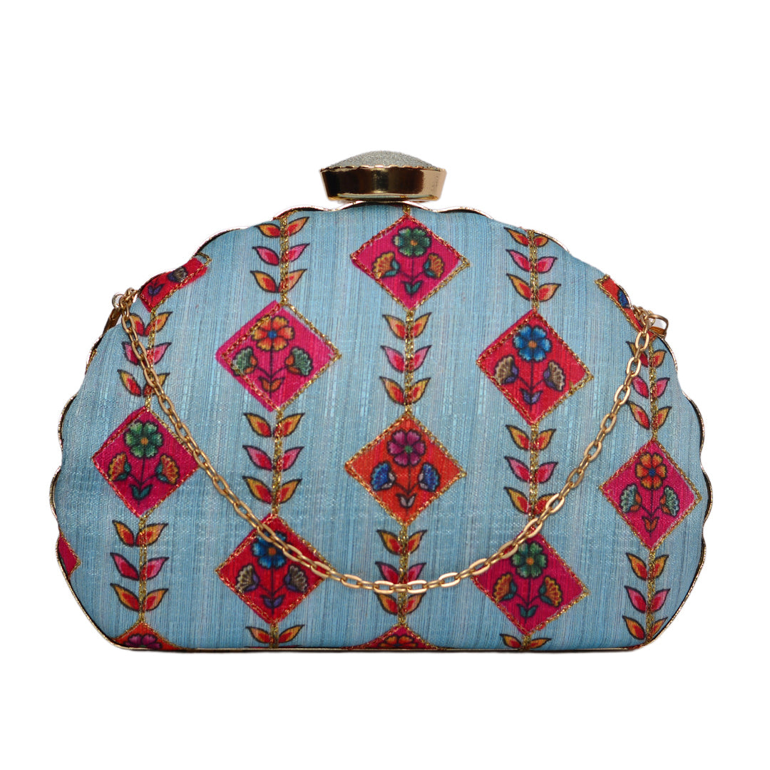 Traditional Motifs on Dreamy Blue Background Clutch