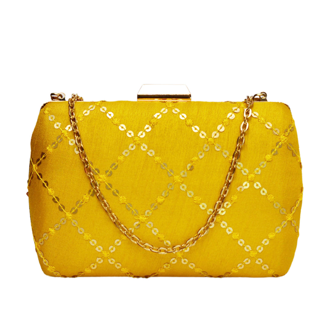 Mustard Color Clutch With Golden Sequin