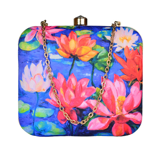Pink And Blue Lotus Printed Clutch
