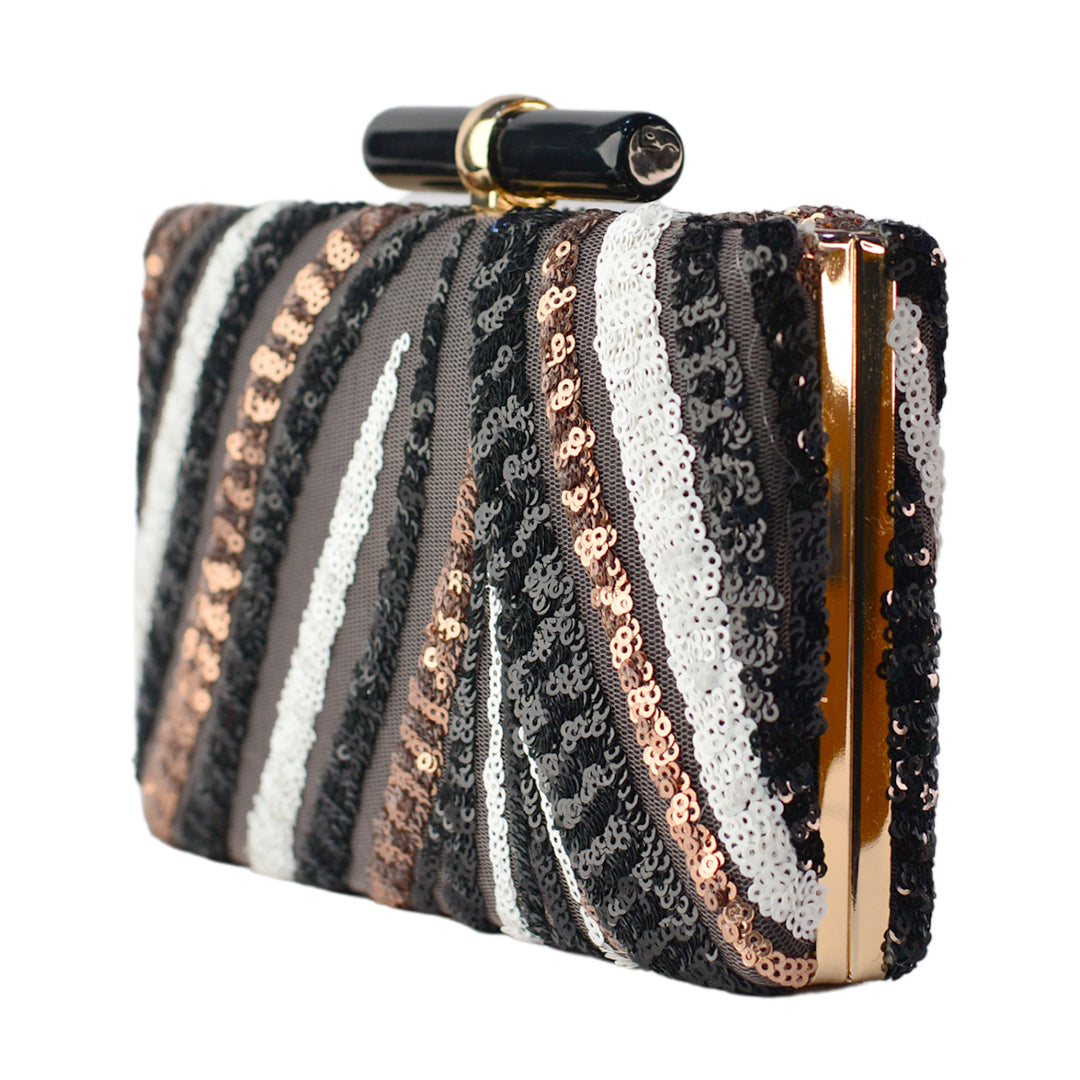 Artklim Black Box Shaped Clutch With Golden, White And Sliver Work