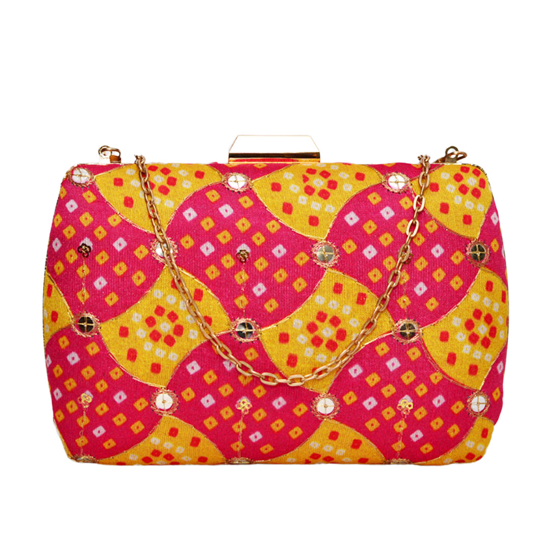 Jaipuri Yellow And Red Colour Print Clutch