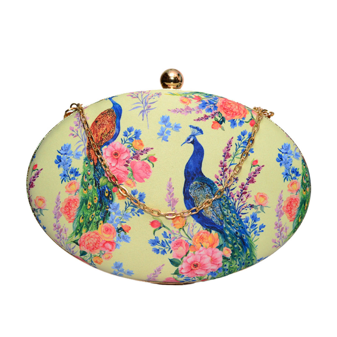 Peacock And Floral Printed Clutch