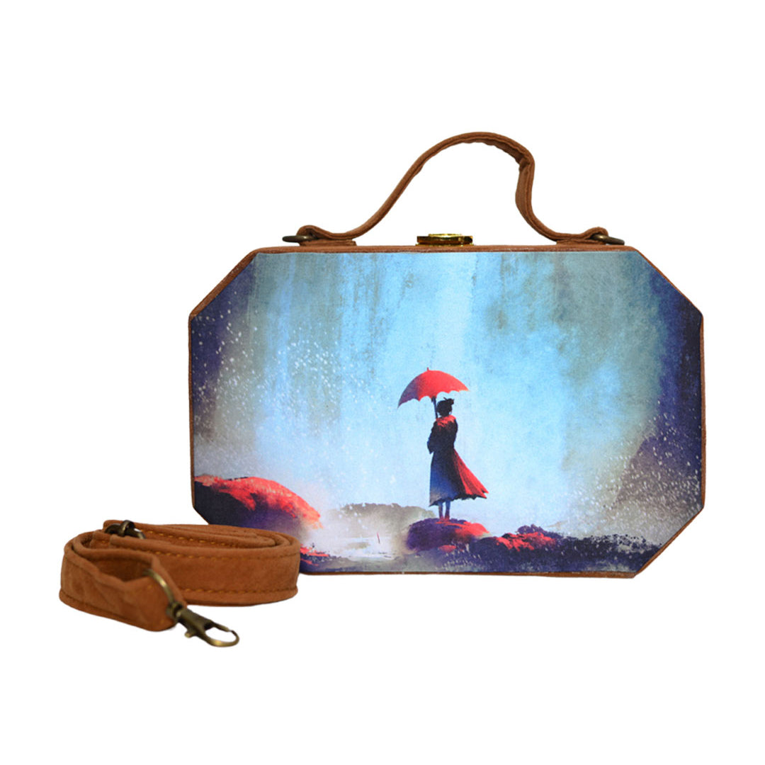 Picturesque Girl With Umbrella Print Clutch