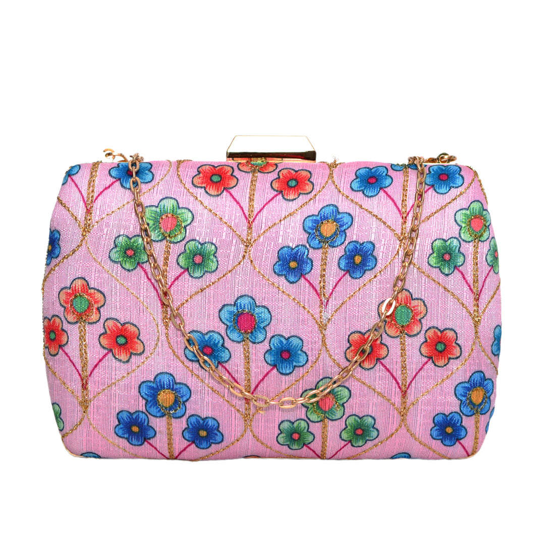 Pink Clutch With Floral Embroidery