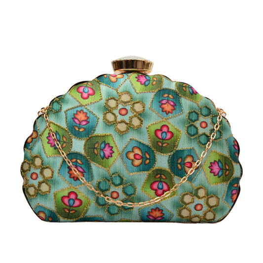 Artklim Alluring Green Base Clutch With Gorgeous Floral Print