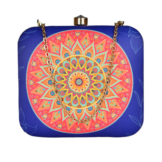 Red And Blue Symmetrical Printed Clutch