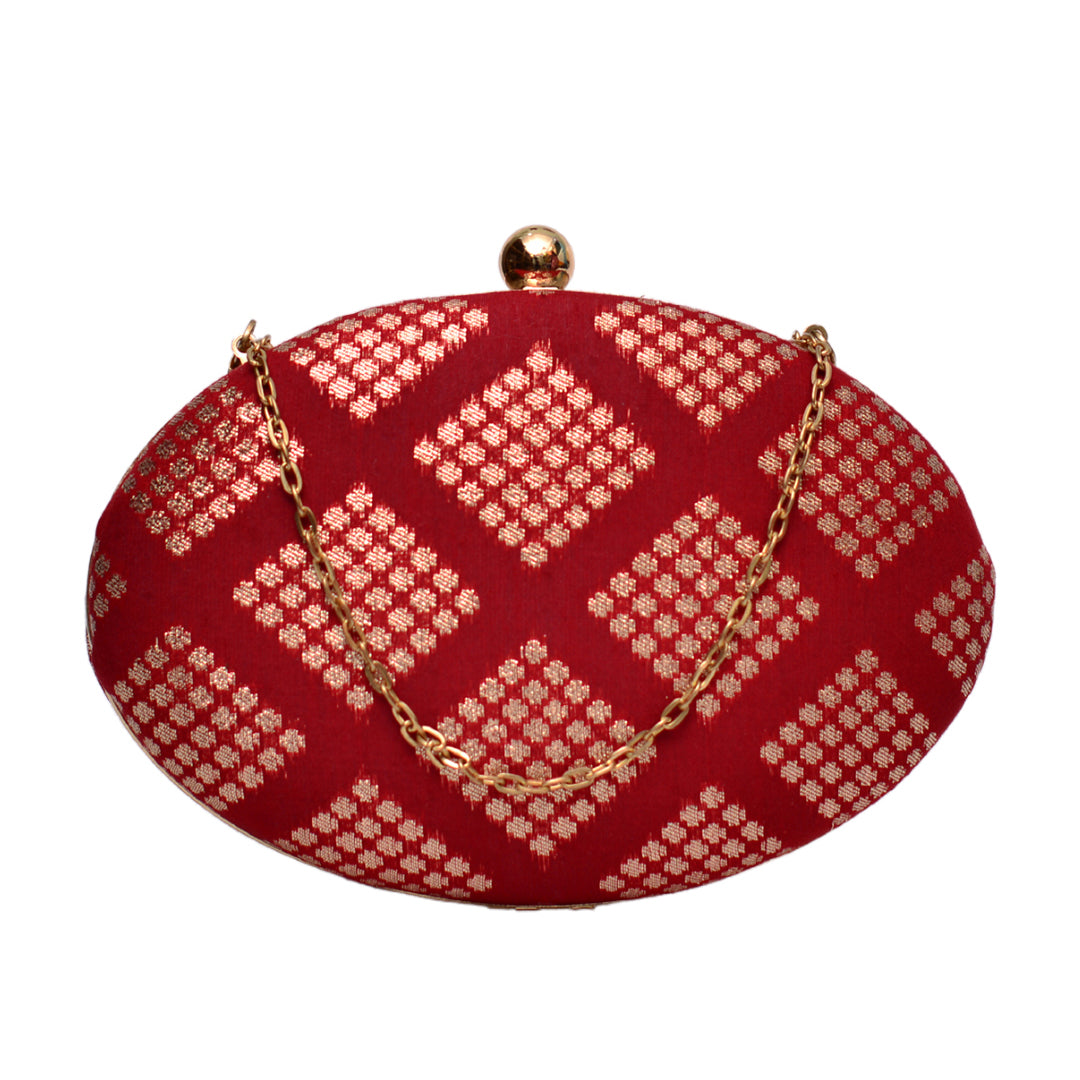 Artklim Maroon Color Embroidered Oval Shaped Clutch