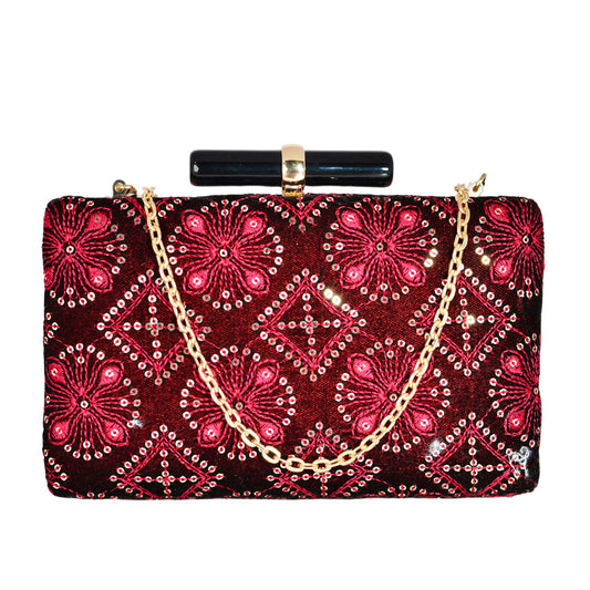 Maroon Floral Sequins Clutch